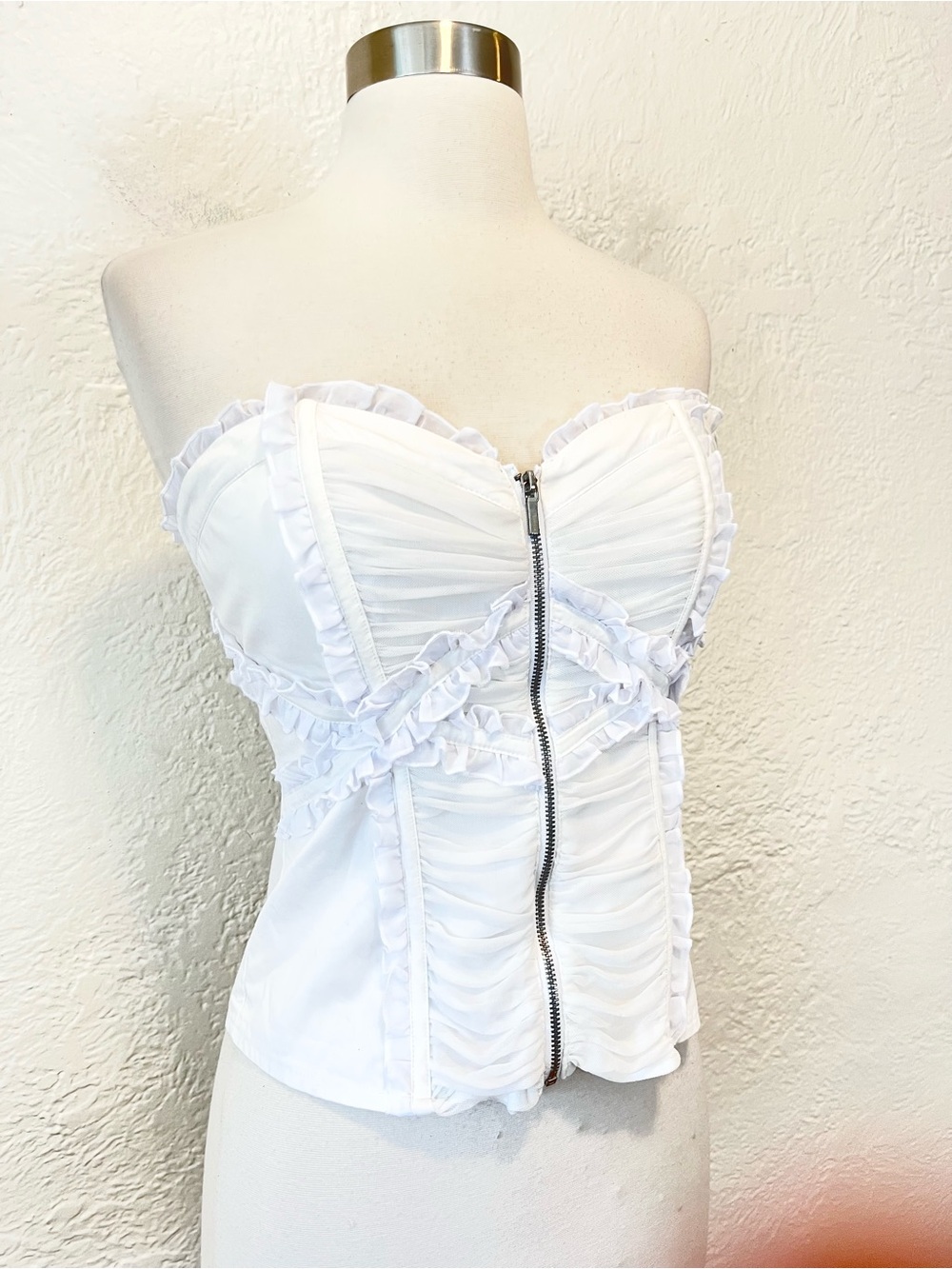 Vintage Bebe Corset Bustier Top White Ruffle Ruched Coquette Fairy 90s Y2K Small - Picture 3 of 11